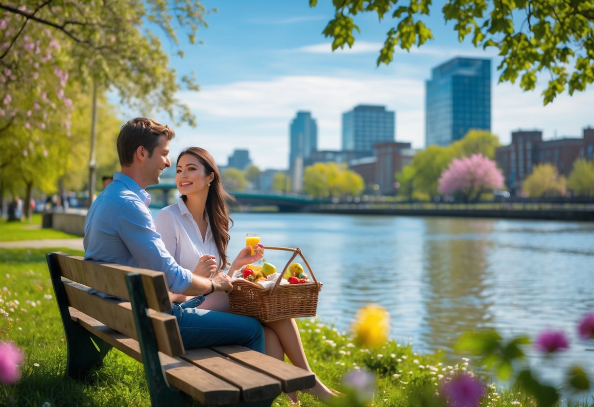 A young couple enjoying a picnic by the river in Waterloo with trees, flowers, and city buildings in the background on a sunny day.