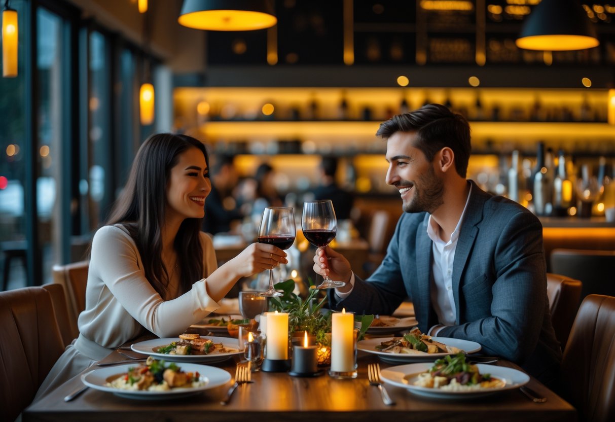 A couple enjoying a romantic dinner together at a stylish restaurant with warm lighting and elegant decor.