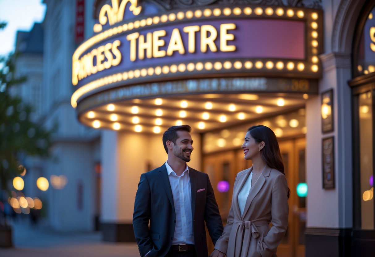 A smiling couple holding hands outside a theatre entrance in the evening.