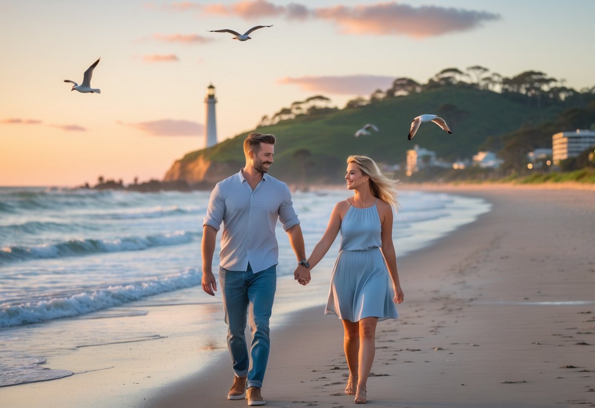 A young couple walking hand in hand along a beach with the ocean, lighthouse, and hills in the background at sunset.