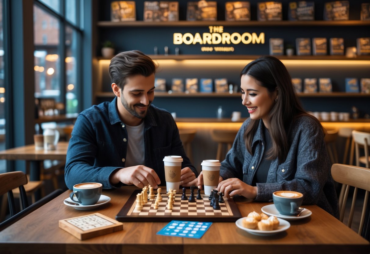 Two people playing board games and drinking coffee at a wooden table in a cozy cafe.