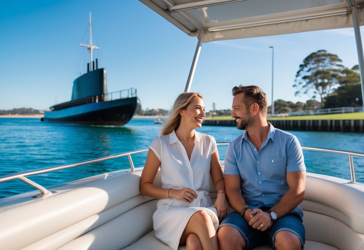 A couple enjoying a boat ride on Wollongong Harbour with the Submarine Museum visible in the background.