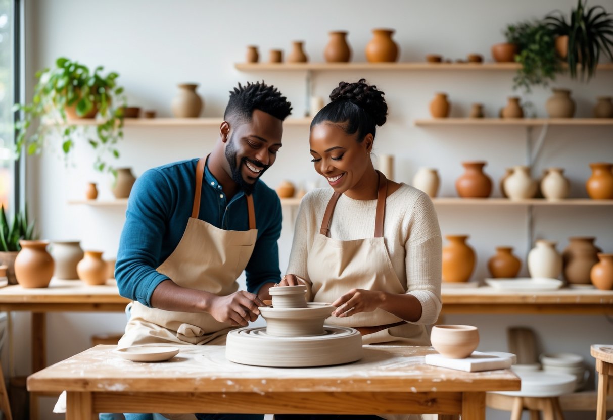 A couple making pottery together in a bright, cozy art studio.