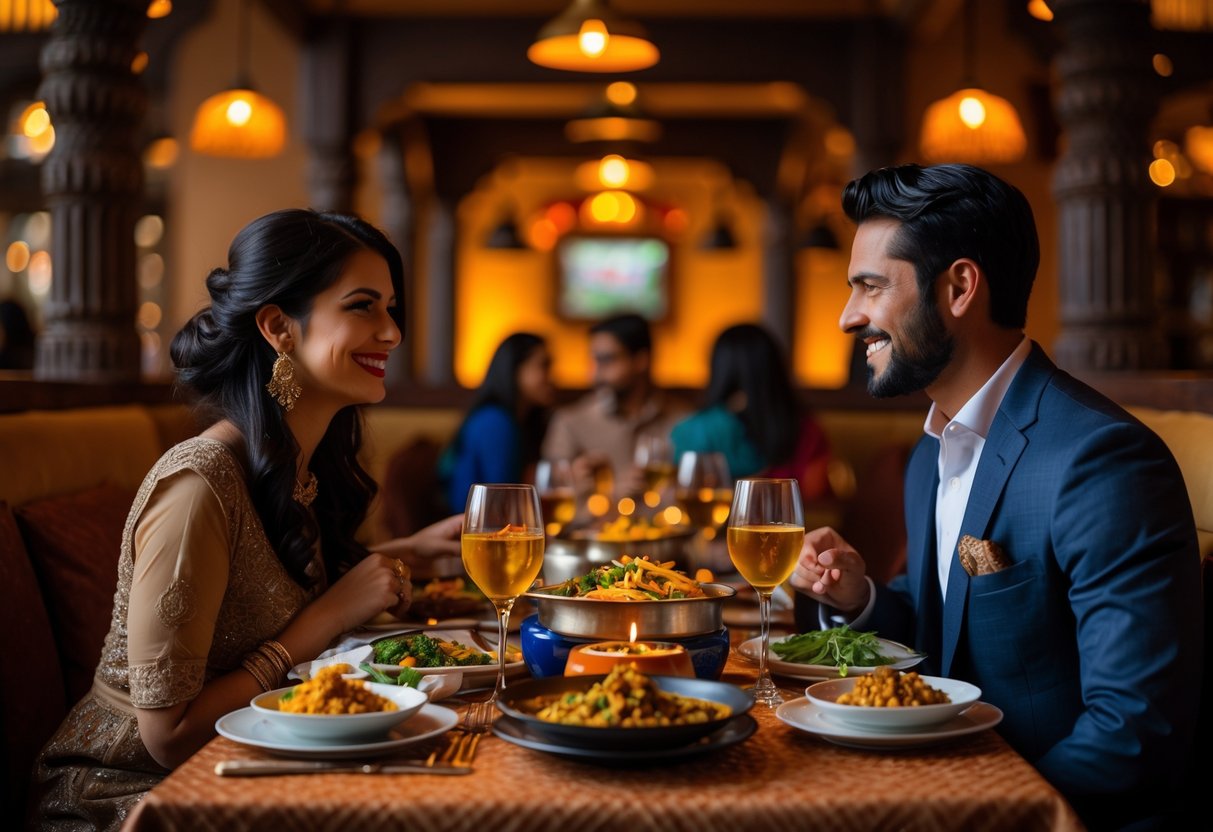 A couple enjoying a romantic dinner at an Indian restaurant with warm lighting and traditional decor.