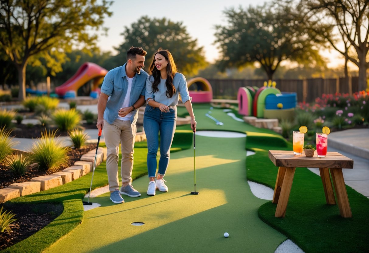 A young couple playing mini golf outdoors with drinks on a nearby table, surrounded by greenery.