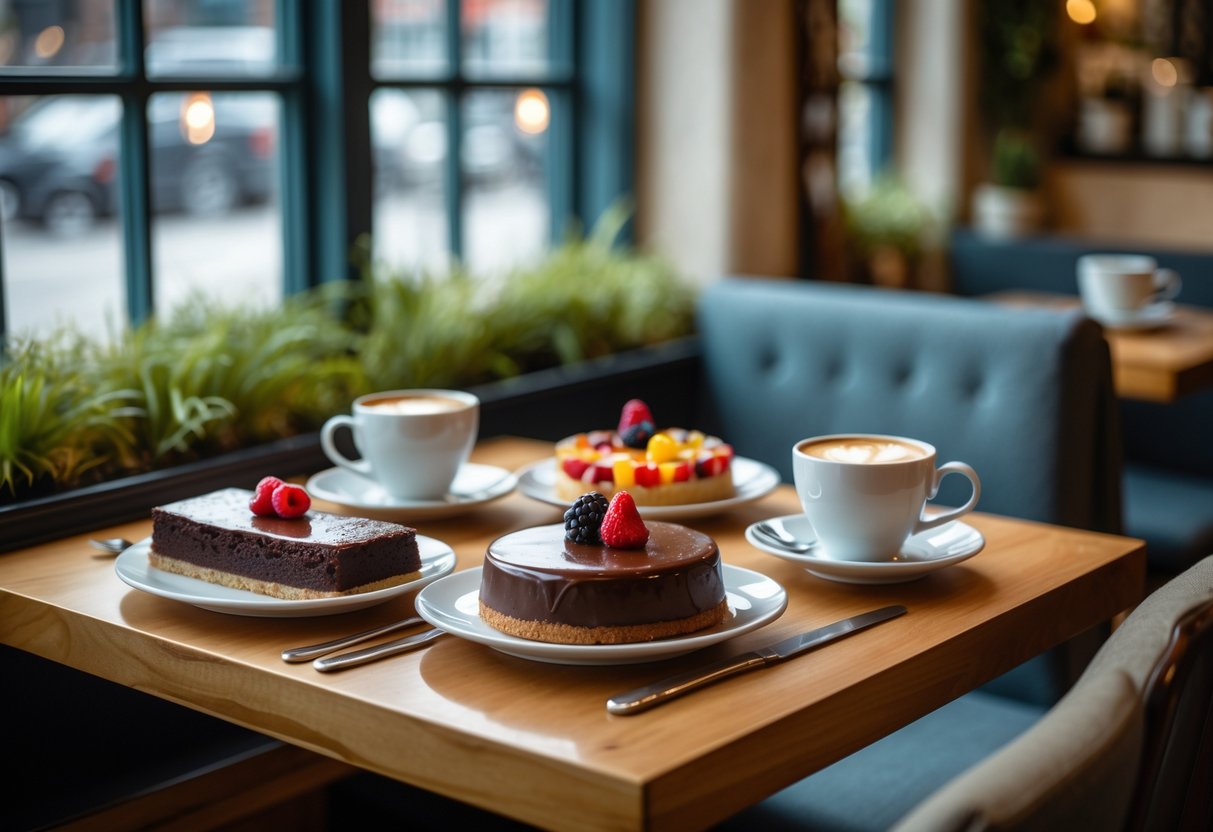 Two people enjoying desserts and coffee at a cozy café table with warm lighting and comfortable seating.