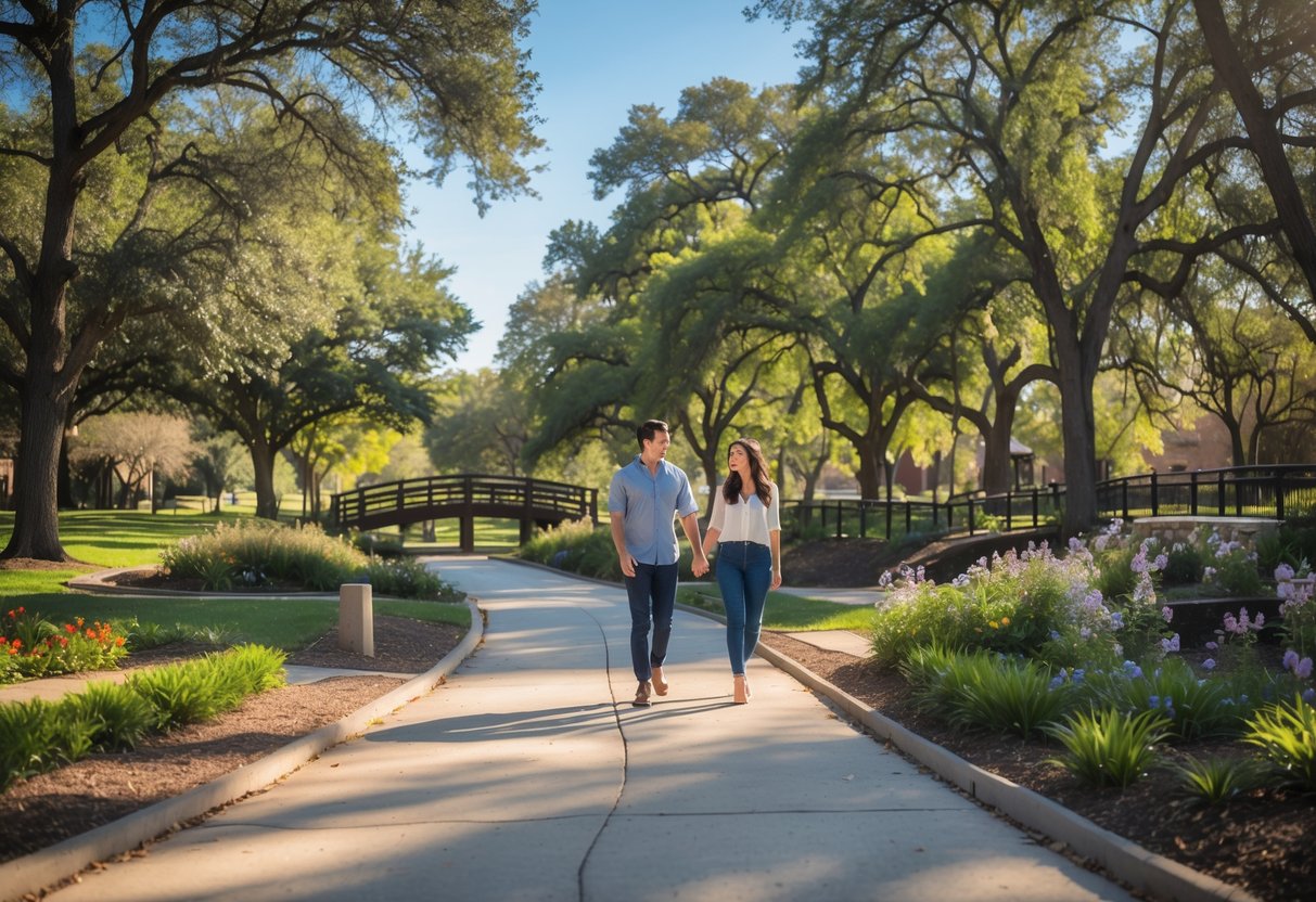 A young couple walking hand in hand along a tree-lined path in a sunny park with a small wooden bridge and greenery in the background.