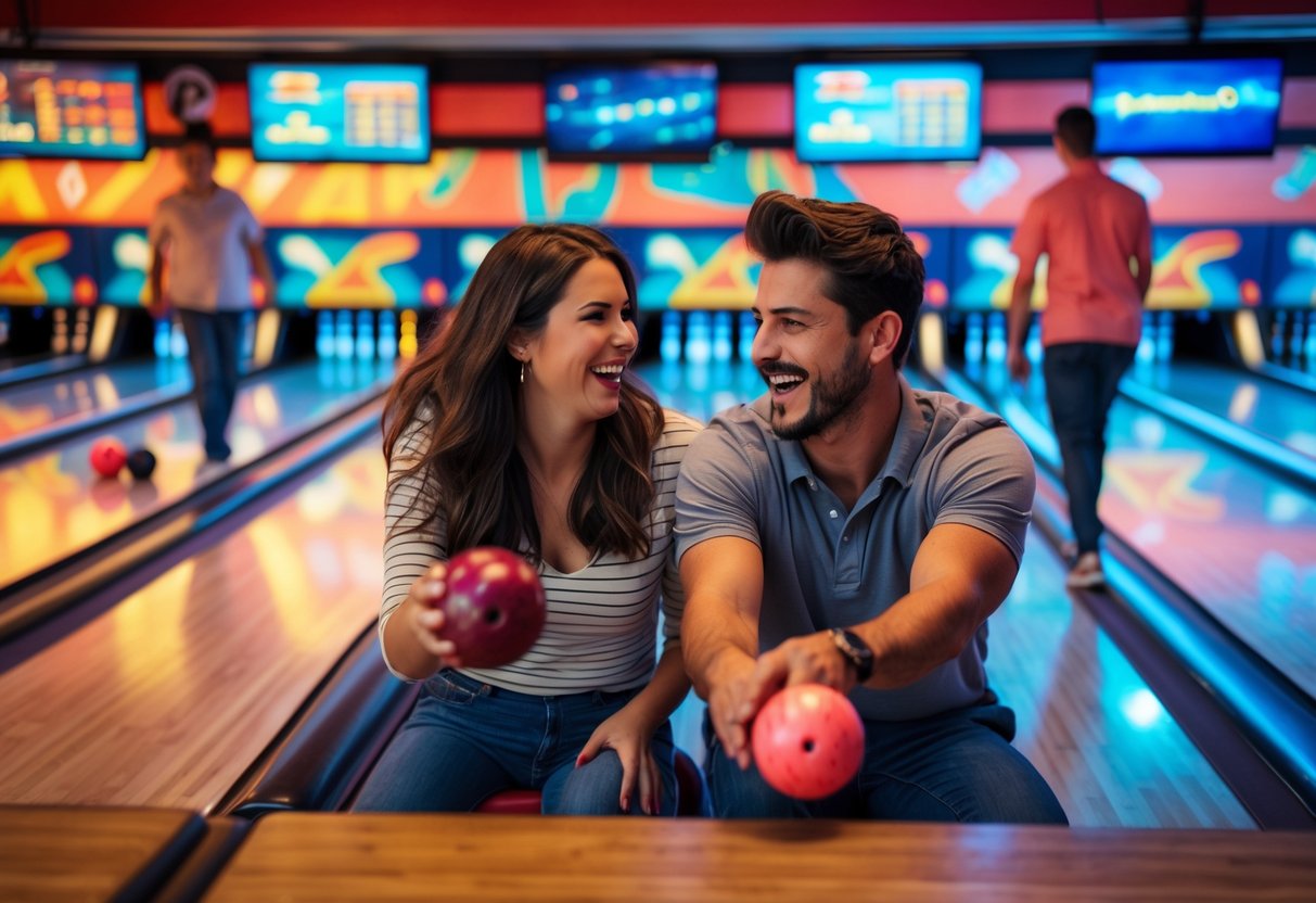 A young couple smiling and bowling together in a busy bowling alley.