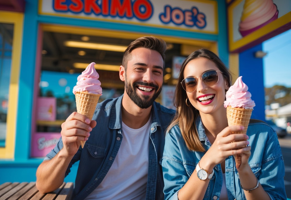 A couple enjoying ice cream cones outside an ice cream shop on a sunny day.