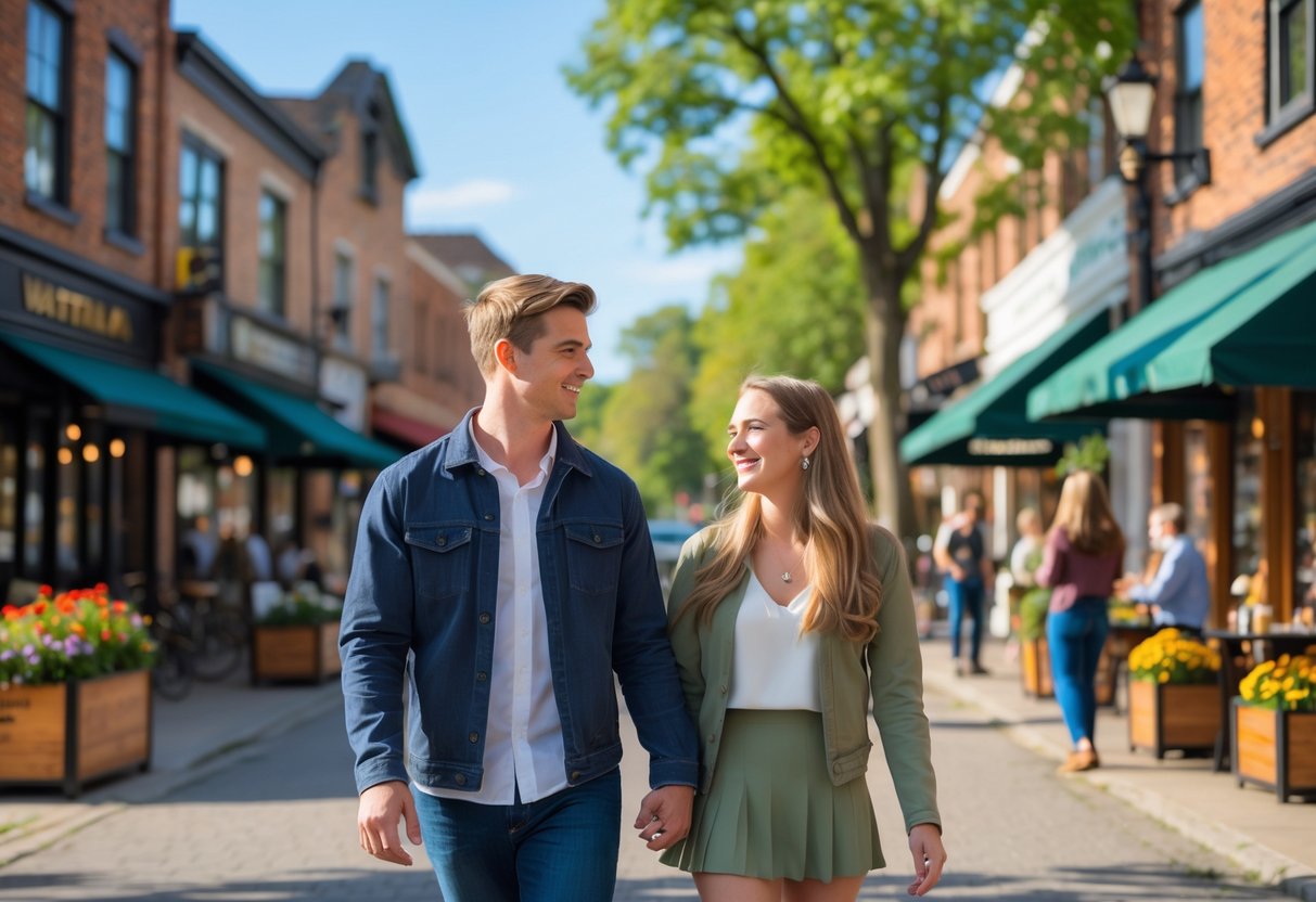 A young couple walking hand in hand along a charming street in Waterloo with shops, flowers, and a café in the background.