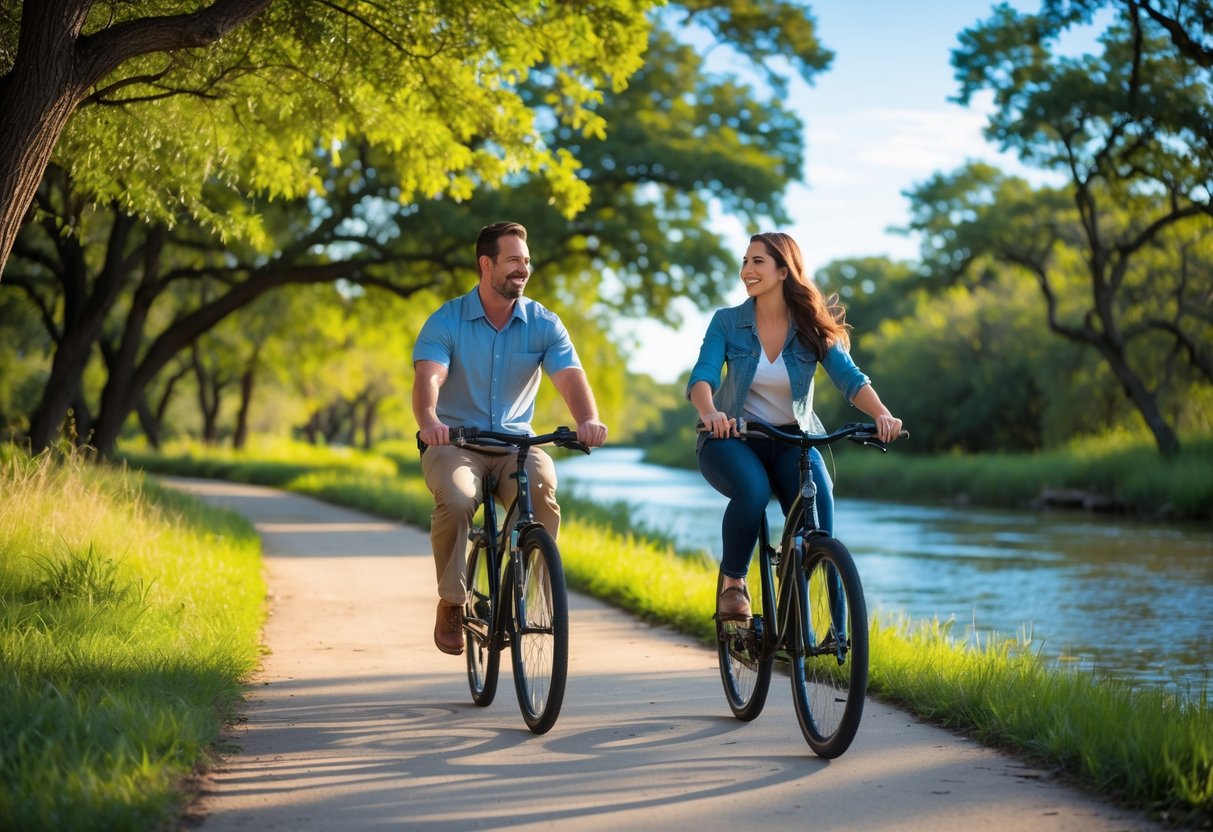 A couple riding bicycles together on a tree-lined trail next to a river.