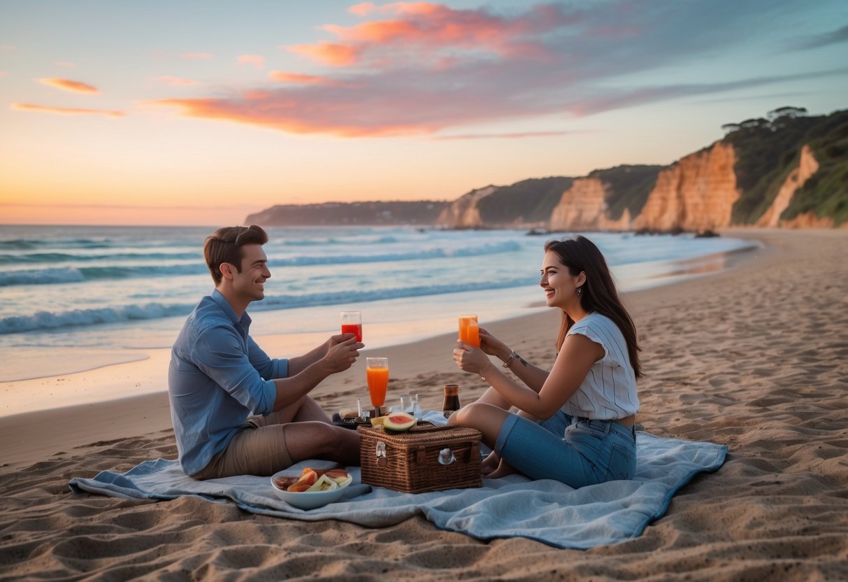 A couple having a picnic on a beach at sunset with ocean and coastal cliffs in the background.