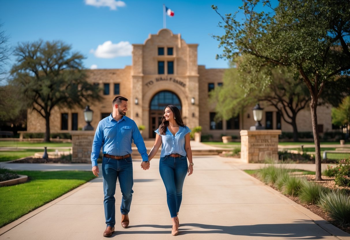 A couple walking hand in hand outside the Texas Ranger Hall of Fame building surrounded by trees and greenery.