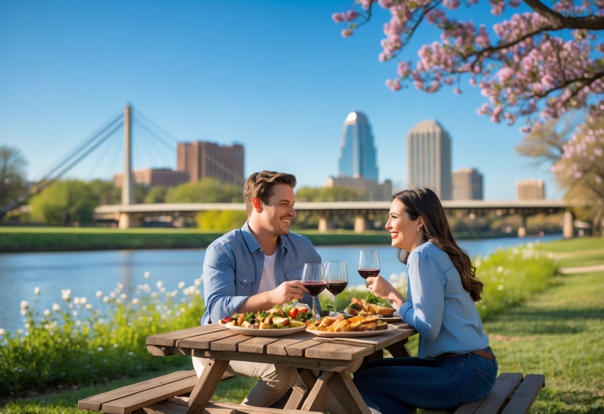 A young couple enjoying a picnic together outdoors near a river with city landmarks in the background.
