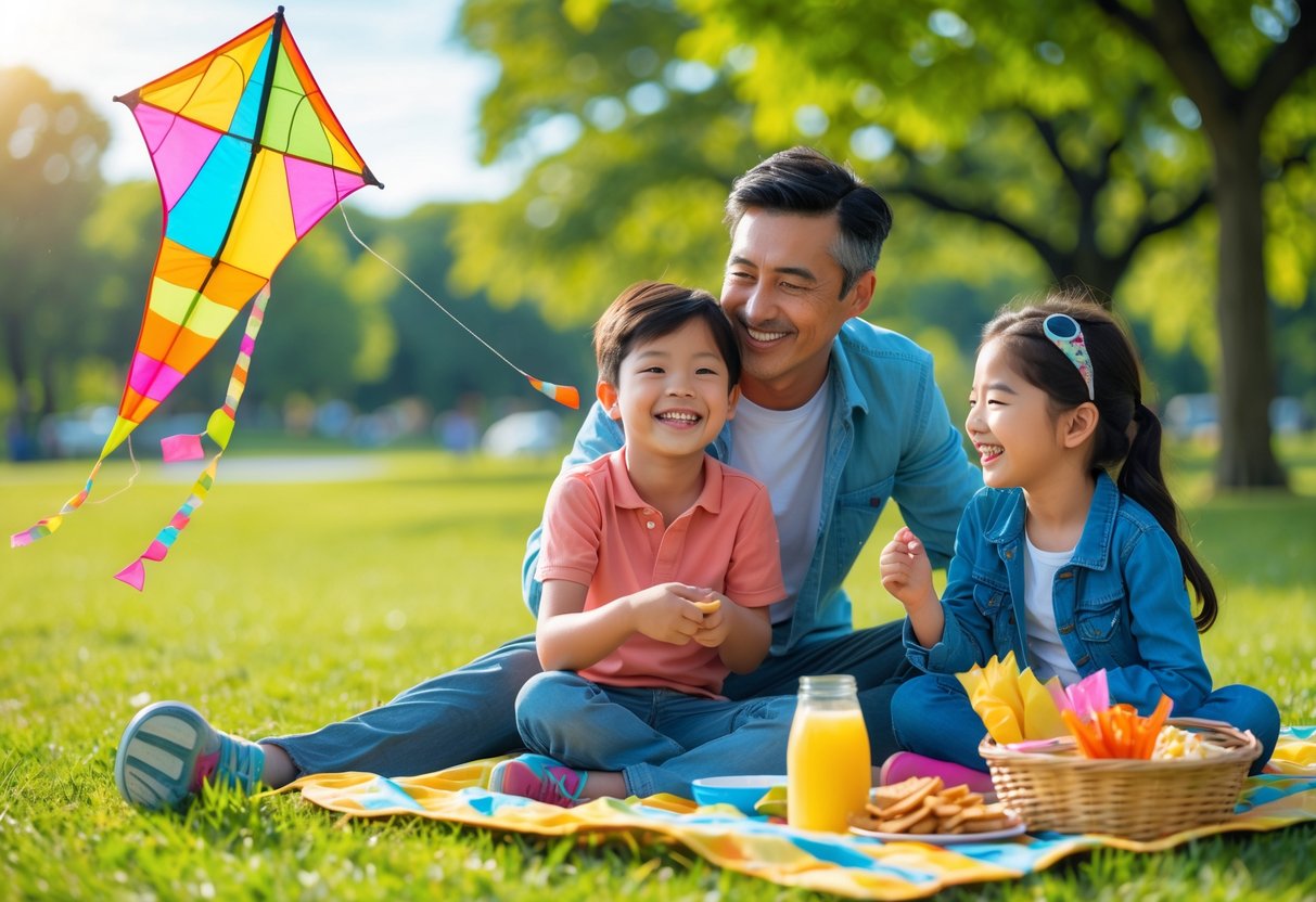 A parent and two children flying a kite and having a picnic together in a sunny park.
