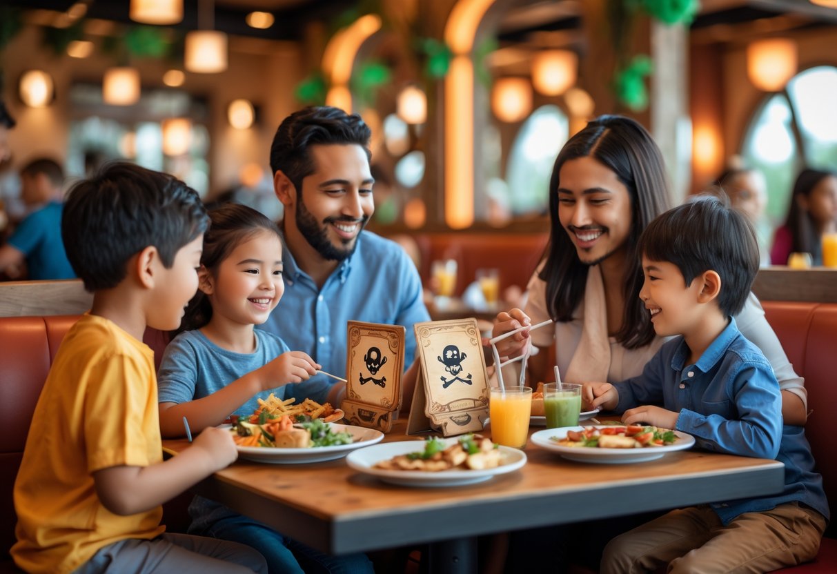 A family with two children enjoying a meal together in a colorful themed restaurant.