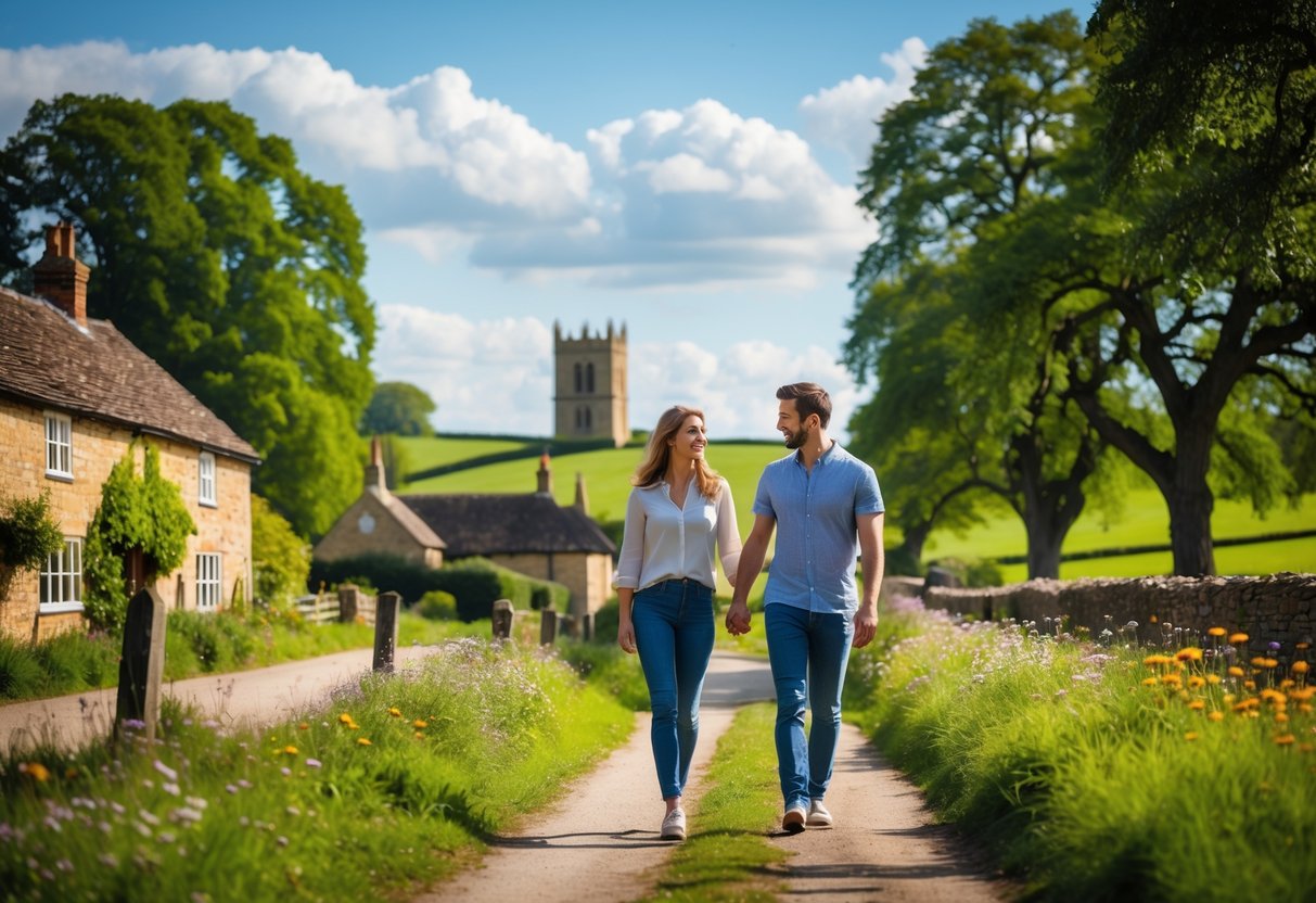 A young couple walking hand-in-hand along a country lane with green hills, wildflowers, and a village church tower in the background.