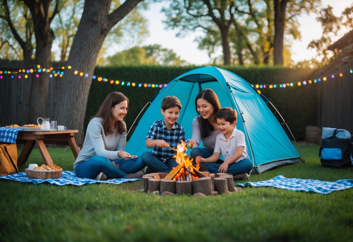 A family of four camping in their backyard, sitting around a campfire near a tent with trees and string lights in the background.