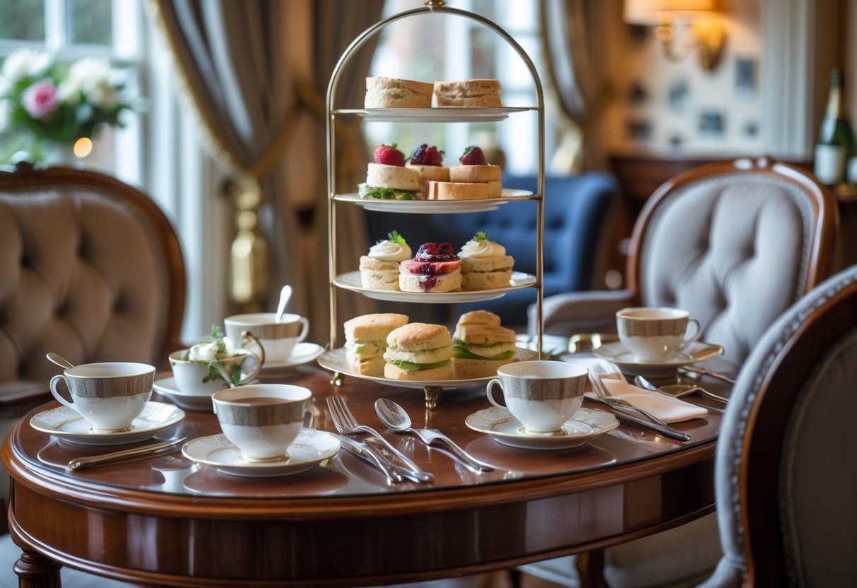 A table set for afternoon tea with teacups, sandwiches, scones, and pastries in a cozy hotel dining room.