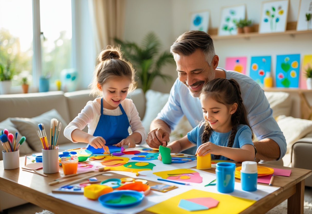 A parent and two children making art projects together at a table in a sunny living room.