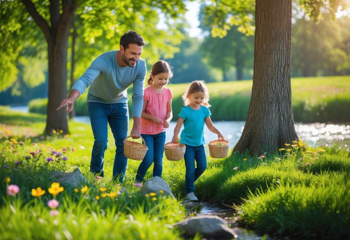A parent and two children exploring a green park on a nature scavenger hunt, looking at plants and holding baskets.