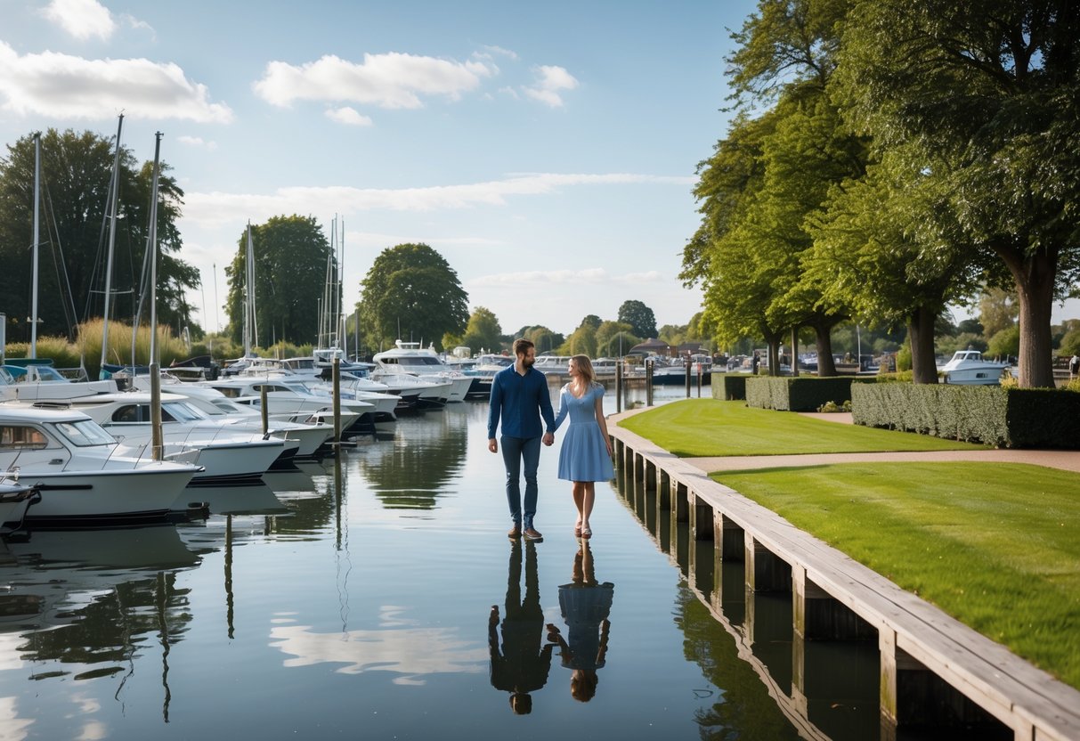 A couple walking hand in hand along a marina with boats and trees in the background.