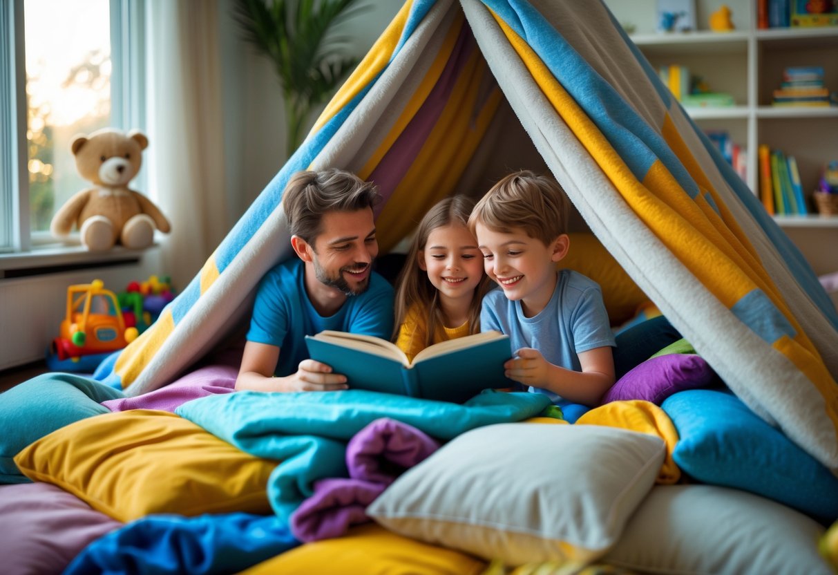 A family building a blanket fort indoors with children listening to an adult reading a story inside.