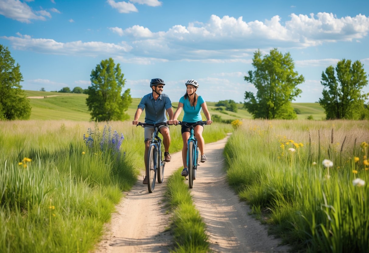 A couple riding bicycles together on a dirt trail surrounded by tall grasses and trees at the Great Plains Nature Center.