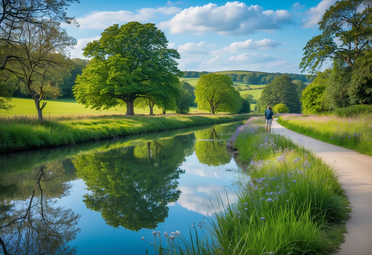 A peaceful walking path beside a calm pool surrounded by green trees and wildflowers under a partly cloudy sky.