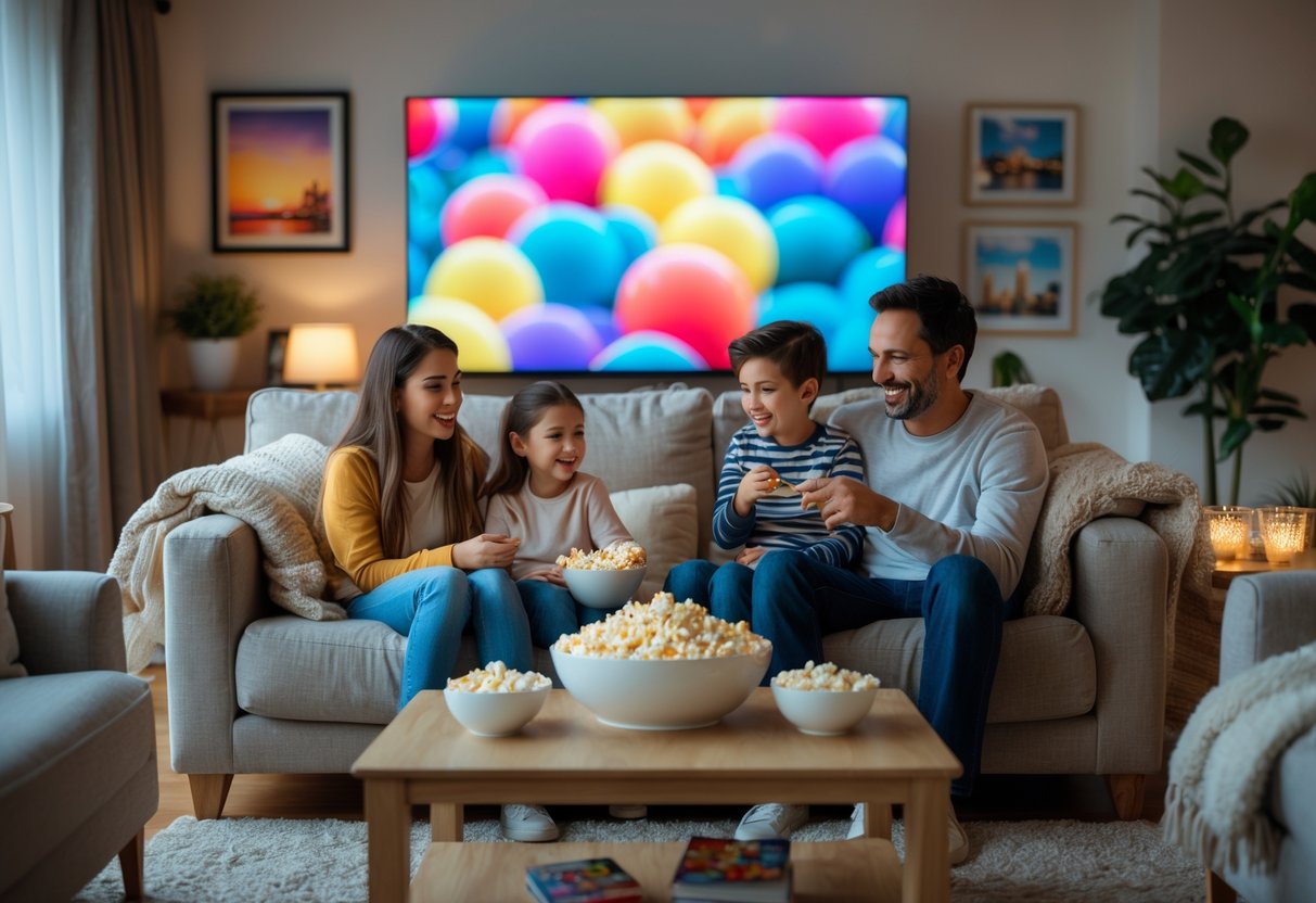A family with two children sitting on a sofa, sharing popcorn and watching a movie together in a cozy living room.