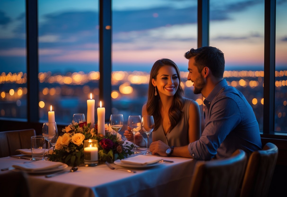 A young couple enjoying a romantic dinner together at a candlelit table with a city view in the background.