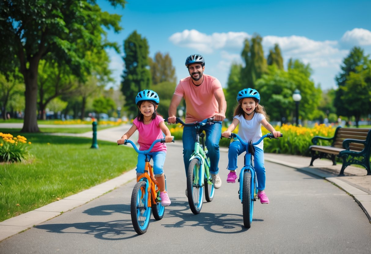 A parent and two children riding bicycles on a paved path in a green park on a sunny day.