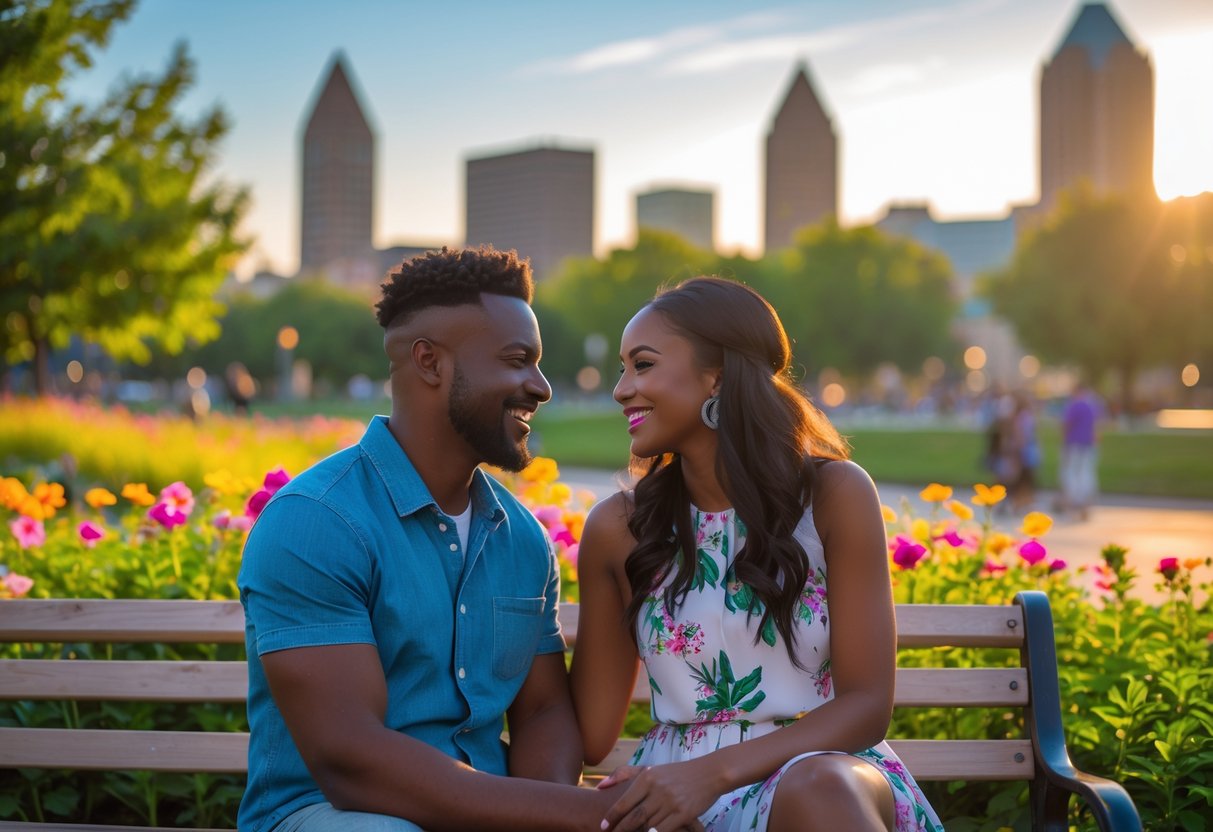 A couple sitting on a bench in a park in Wichita, smiling and talking with greenery and city landmarks in the background.