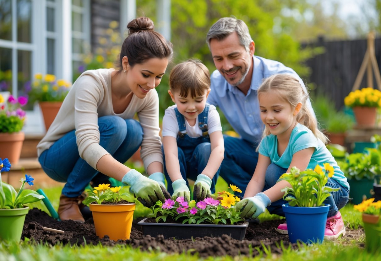 A parent and two children planting flowers together in pots and a small garden outdoors.