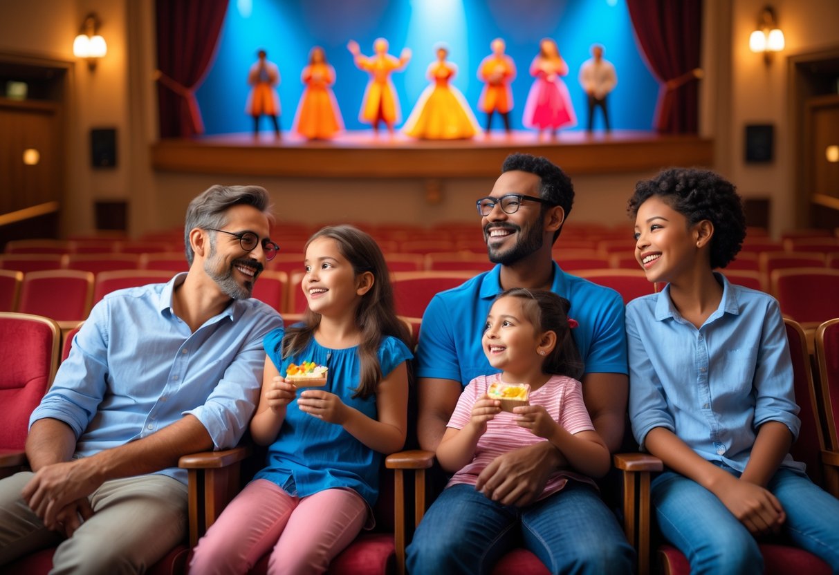 A family of four watching a lively community theatre show together, smiling and enjoying the performance.