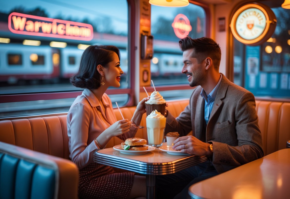 A young couple enjoying a retro-themed date night in a vintage diner with neon lights and classic decor.