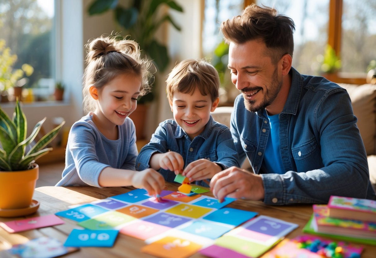 A parent and two children happily crafting together at a table in a sunlit living room.