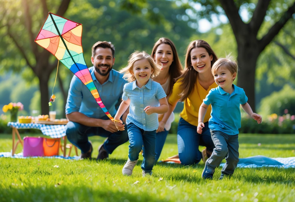 A family of four enjoying a playful day together outdoors with children flying a kite and a picnic nearby.