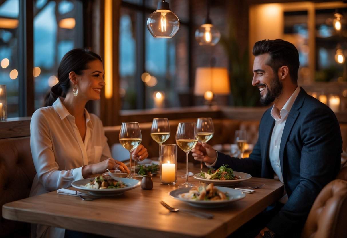 A couple enjoying a romantic dinner at a cozy restaurant with warm lighting and elegant table settings.