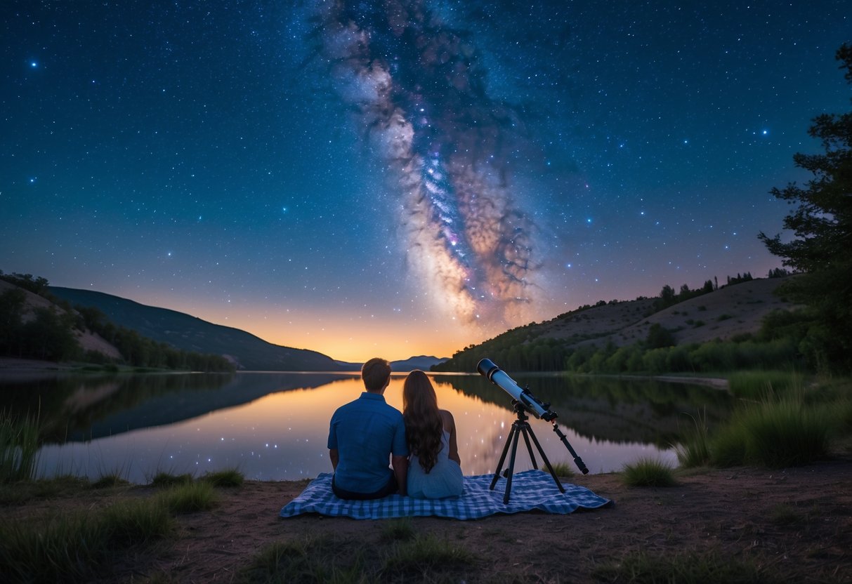 A couple sitting by a lake at night, looking up at a star-filled sky with a telescope nearby.