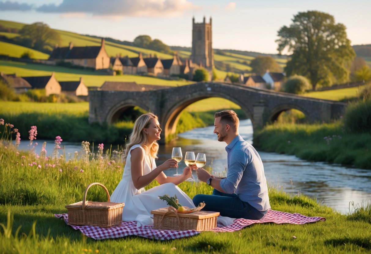 A couple enjoying a picnic on a blanket in the Warwickshire countryside near a stone bridge and village.