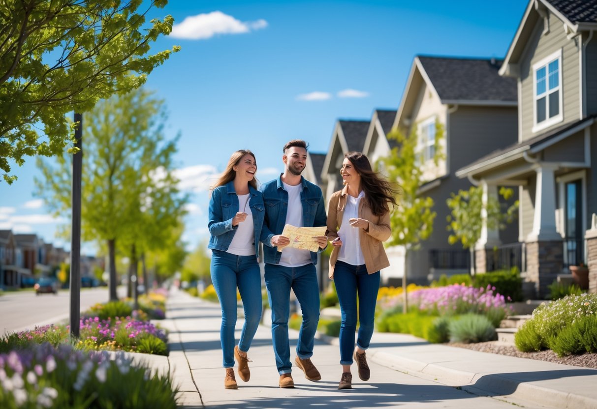 A couple walking outdoors on a sunny day, holding a map and looking for clues during a scavenger hunt in a suburban neighborhood.