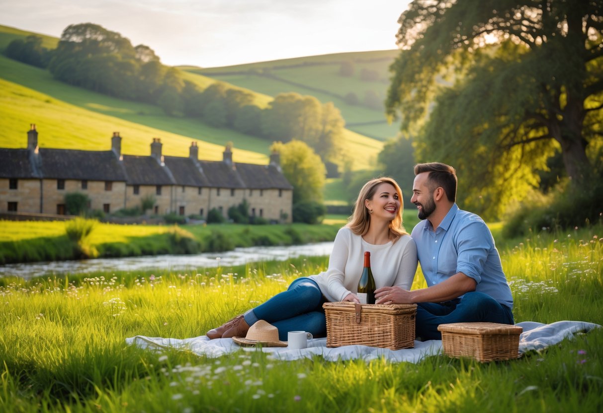 A couple enjoying a picnic together in a green meadow with hills, wildflowers, and stone cottages in the background.