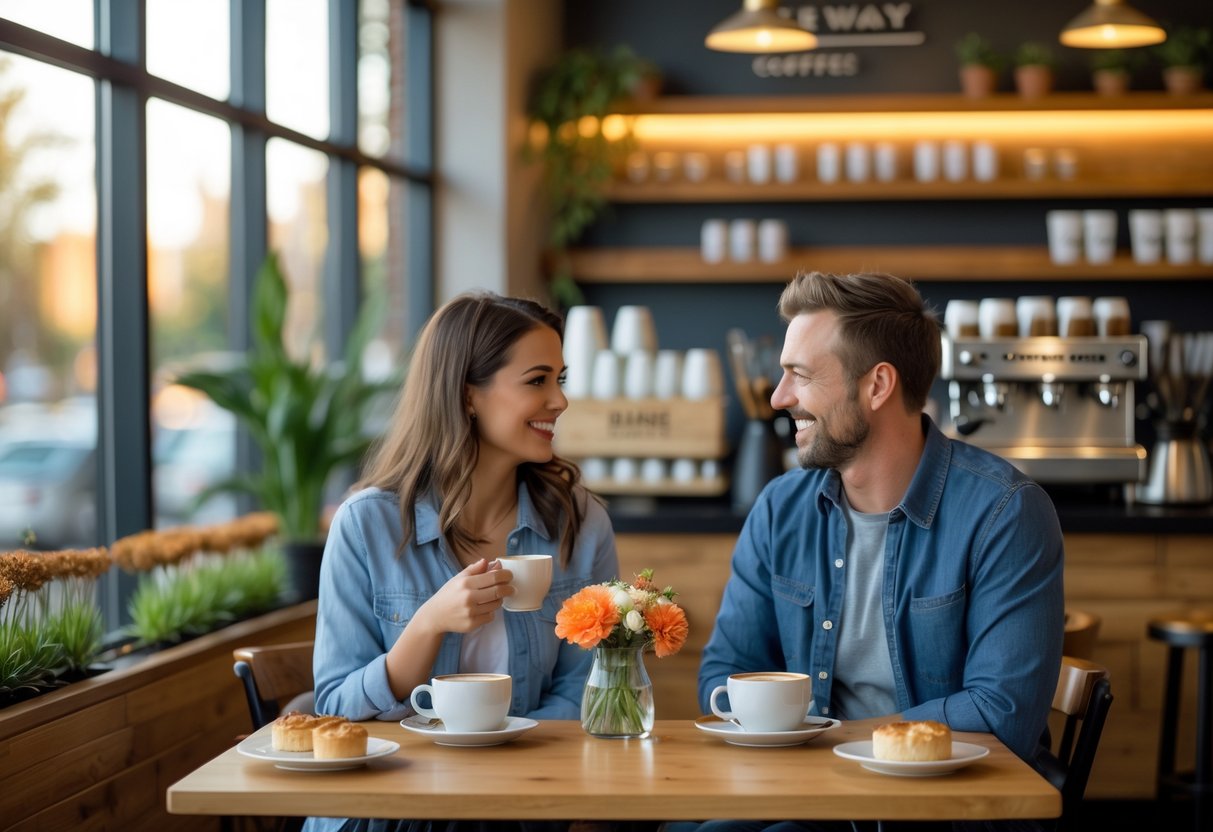 Two people enjoying coffee and pastries together at a wooden table inside a cozy café.