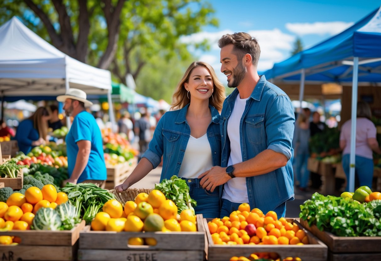 A couple smiling and shopping for fresh fruits and vegetables at an outdoor farmer's market on a sunny day.