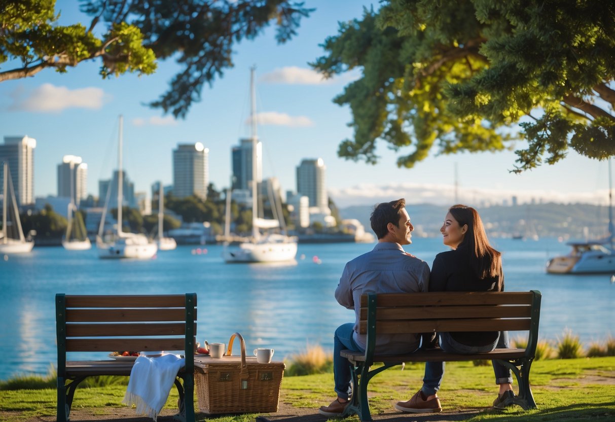 A young couple sitting on a bench by Wellington's waterfront, enjoying a sunny day with sailboats and city skyline in the background.