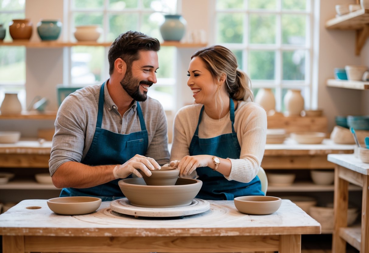 A couple shaping clay together on pottery wheels in a bright art studio.