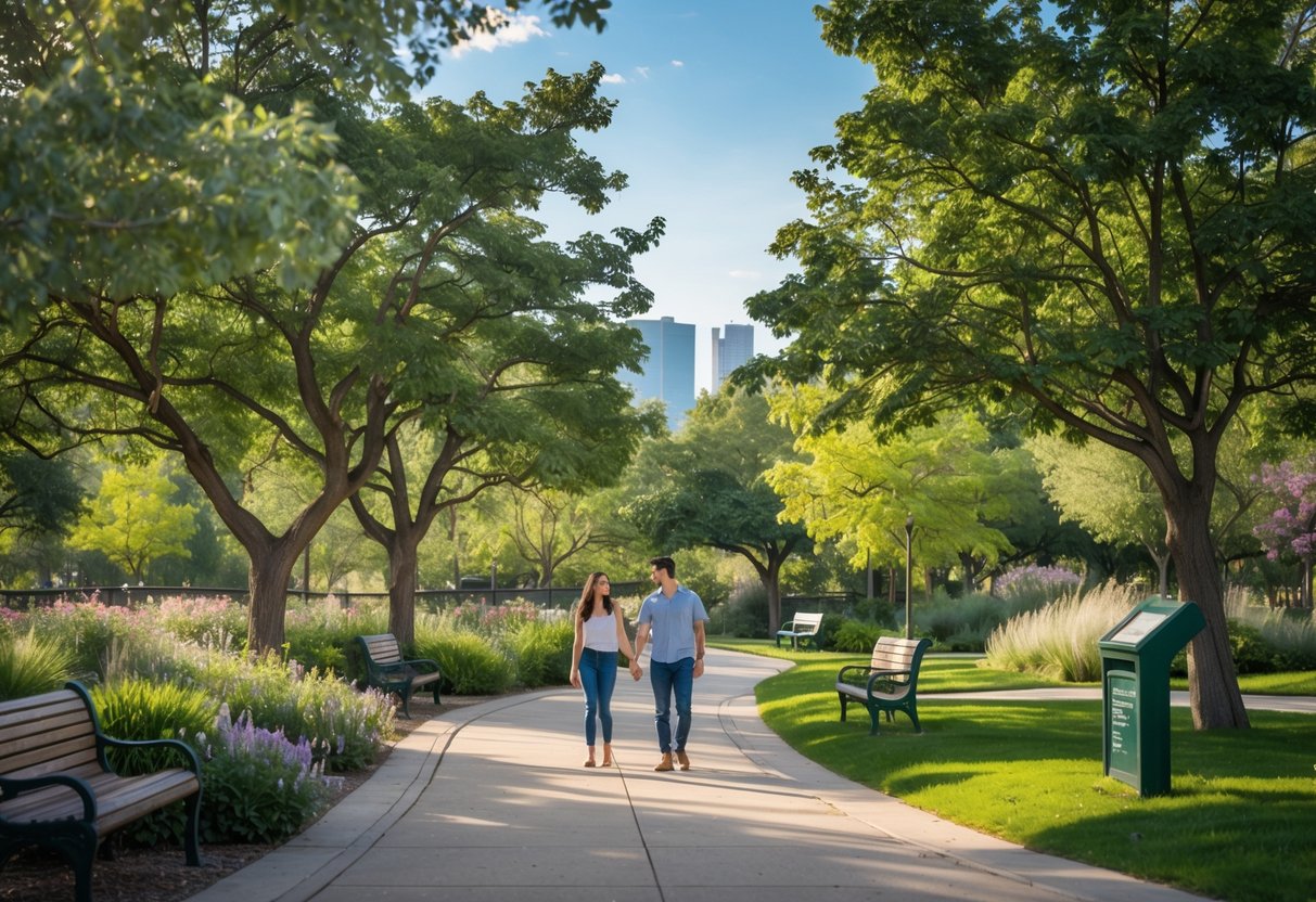 A couple walking on a paved path surrounded by trees and plants in a city park arboretum with a clear sky overhead.