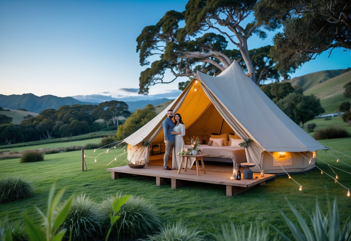 A couple enjoying a romantic outdoor date at a cozy tent in a green meadow with hills and trees near Wellington.