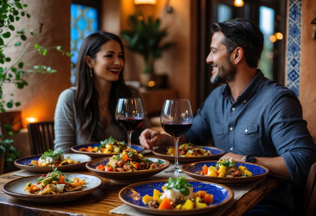 Two people enjoying a tapas meal together at a cozy table inside a warmly lit Spanish-style restaurant.